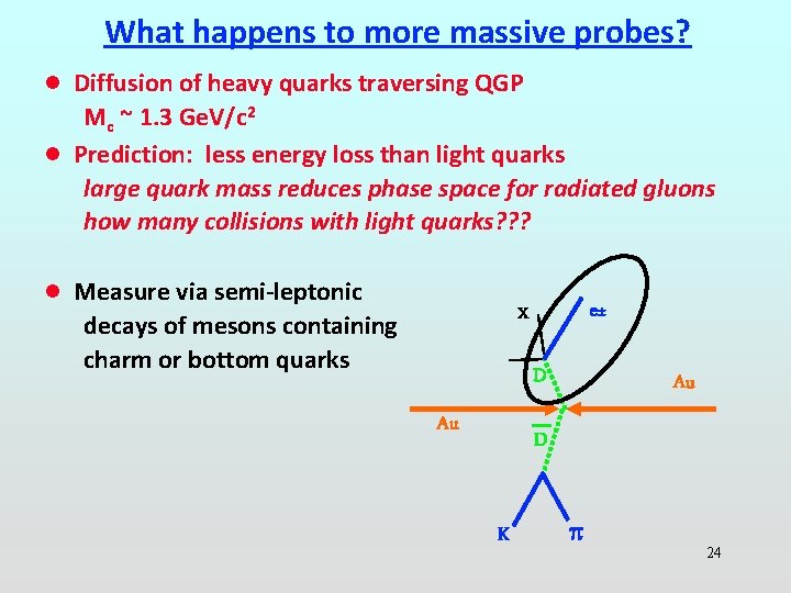 What happens to more massive probes? l Diffusion of heavy quarks traversing QGP Mc