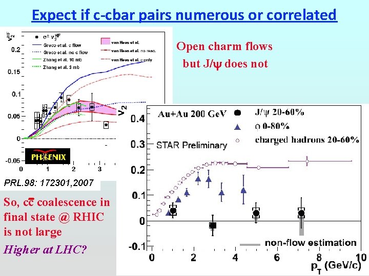 Expect if c-cbar pairs numerous or correlated Open charm flows but J/y does not