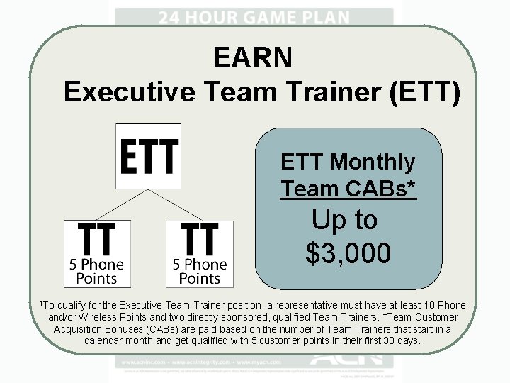 EARN Executive Team Trainer (ETT) ETT Monthly Team CABs* Up to $3, 000 1