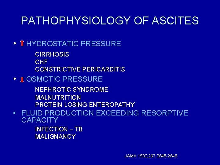 PATHOPHYSIOLOGY OF ASCITES • HYDROSTATIC PRESSURE CIRRHOSIS CHF CONSTRICTIVE PERICARDITIS • OSMOTIC PRESSURE NEPHROTIC