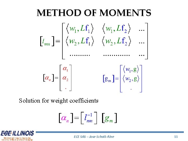 METHOD OF MOMENTS Solution for weight coefficients ECE 546 – Jose Schutt-Aine 11 