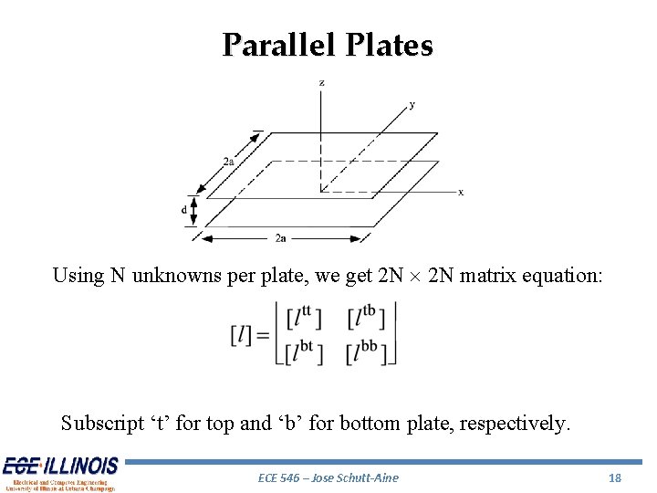 Parallel Plates Using N unknowns per plate, we get 2 N matrix equation: Subscript