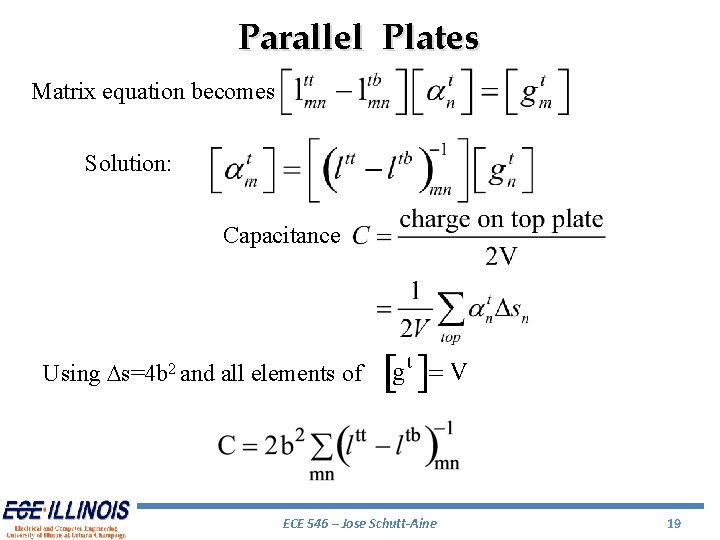 Parallel Plates Matrix equation becomes Solution: Capacitance Using Ds=4 b 2 and all elements