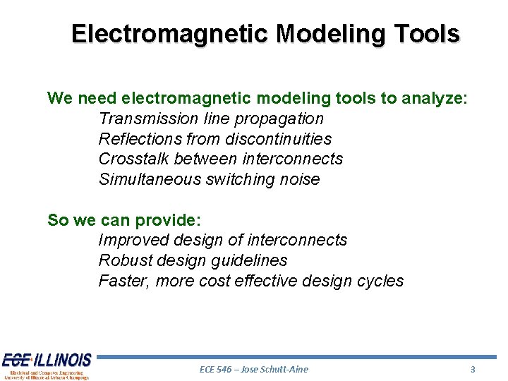 Electromagnetic Modeling Tools We need electromagnetic modeling tools to analyze: Transmission line propagation Reflections