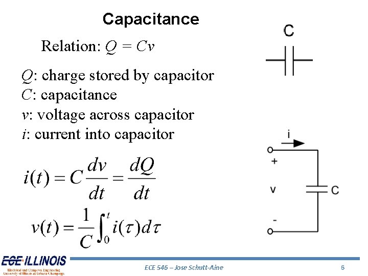 Capacitance Relation: Q = Cv Q: charge stored by capacitor C: capacitance v: voltage