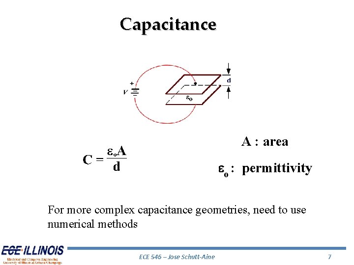 Capacitance A : area eo : permittivity For more complex capacitance geometries, need to