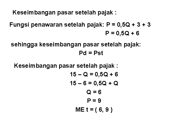 Keseimbangan pasar setelah pajak : Fungsi penawaran setelah pajak: P = 0, 5 Q