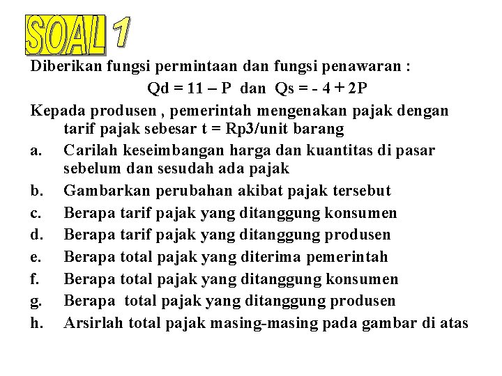 Diberikan fungsi permintaan dan fungsi penawaran : Qd = 11 – P dan Qs