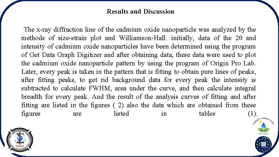 Results and Discussion The x-ray diffraction line of the cadmium oxide nanoparticle was analyzed