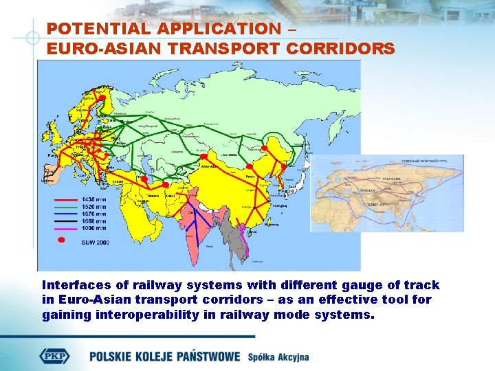 POTENTIAL APPLICATION – EURO-ASIAN TRANSPORT CORRIDORS Interfaces of railway systems with different gauge of POTENTIAL APPLICATION – EURO-ASIAN TRANSPORT CORRIDORS Interfaces of railway systems with different gauge of