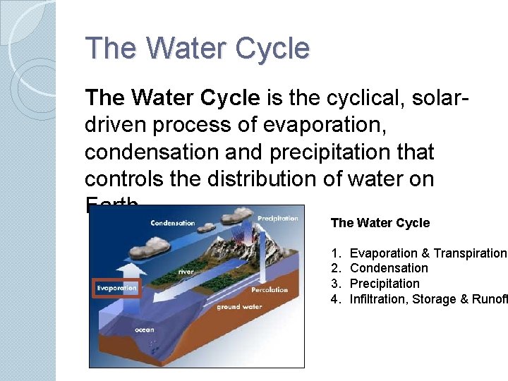 The Water Cycle is the cyclical, solardriven process of evaporation, condensation and precipitation that