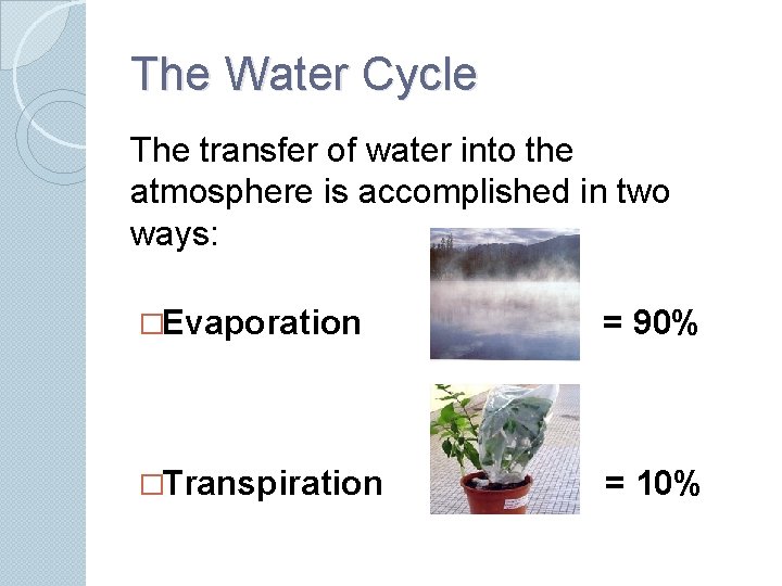 The Water Cycle The transfer of water into the atmosphere is accomplished in two