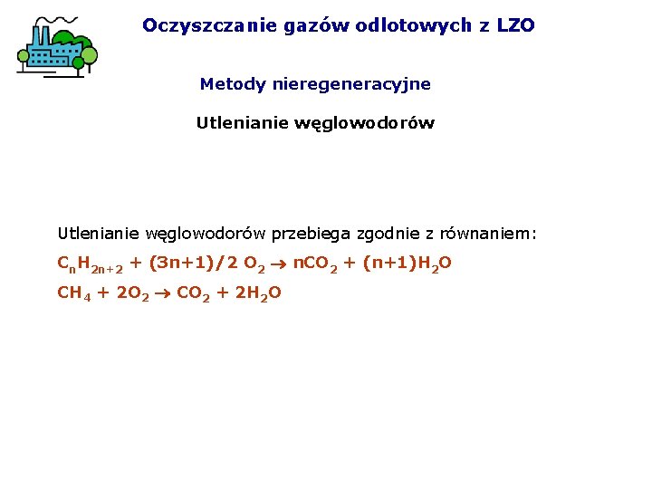 Oczyszczanie gazów odlotowych z LZO Metody nieregeneracyjne Utlenianie węglowodorów przebiega zgodnie z równaniem: Cn.