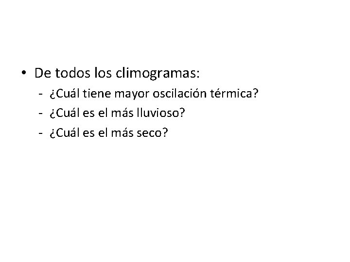  • De todos los climogramas: - ¿Cuál tiene mayor oscilación térmica? - ¿Cuál