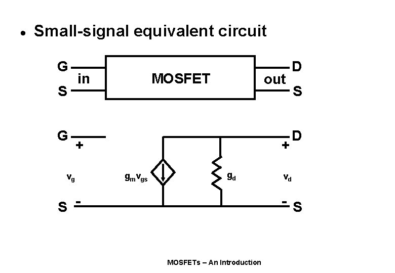 · Small-signal equivalent circuit G S G in MOSFET out + vg + gmvgs