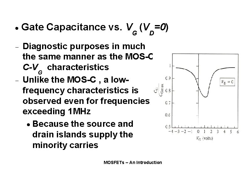 · Gate Capacitance vs. VG (VD=0) - Diagnostic purposes in much the same manner