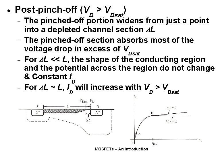 · Post-pinch-off (V > V - - D Dsat ) The pinched-off portion widens