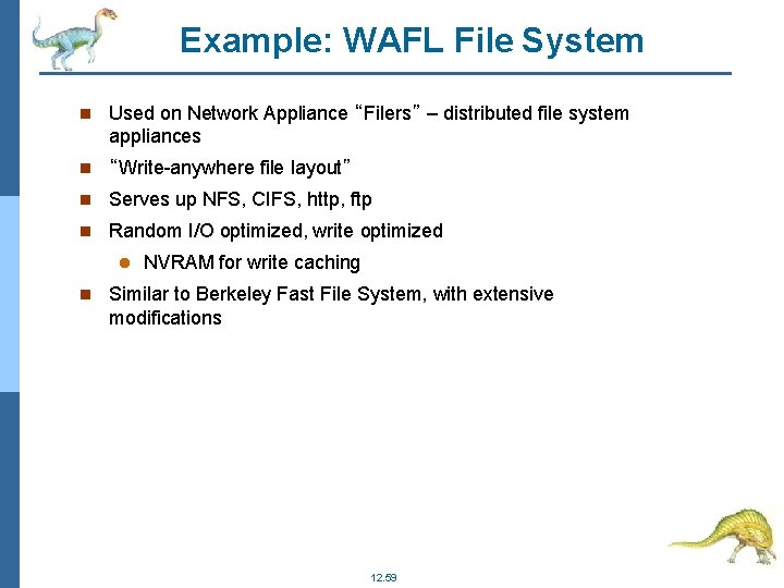 Example: WAFL File System Used on Network Appliance “Filers” – distributed file system appliances