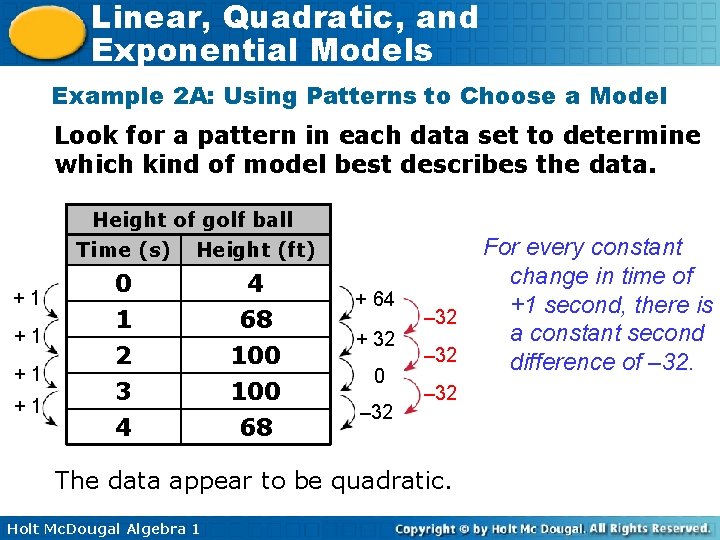 Linear, Quadratic, and Exponential Models Example 2 A: Using Patterns to Choose a Model