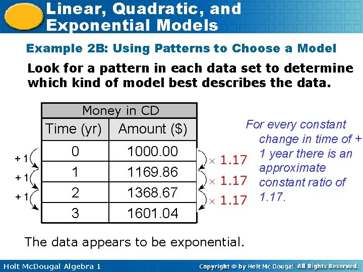 Linear, Quadratic, and Exponential Models Example 2 B: Using Patterns to Choose a Model