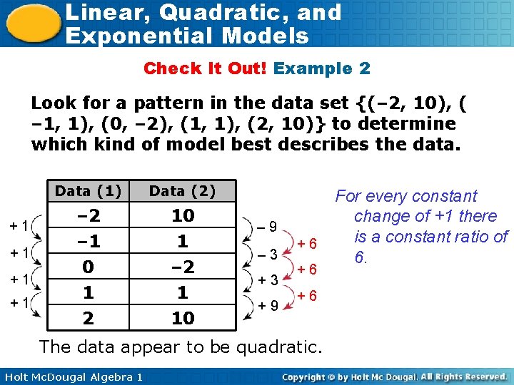 Linear, Quadratic, and Exponential Models Check It Out! Example 2 Look for a pattern