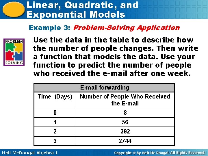 Linear, Quadratic, and Exponential Models Example 3: Problem-Solving Application Use the data in the
