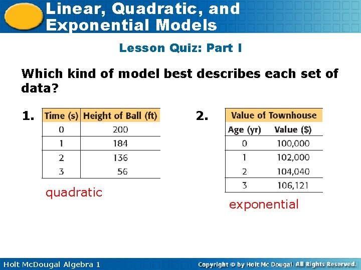 Linear, Quadratic, and Exponential Models Lesson Quiz: Part I Which kind of model best