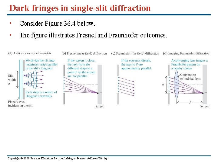 Dark fringes in single-slit diffraction • Consider Figure 36. 4 below. • The figure