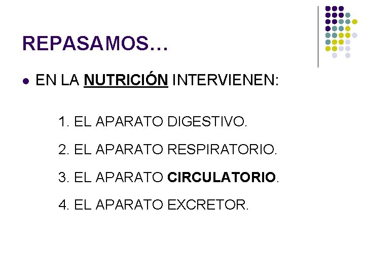 REPASAMOS… l EN LA NUTRICIÓN INTERVIENEN: 1. EL APARATO DIGESTIVO. 2. EL APARATO RESPIRATORIO.