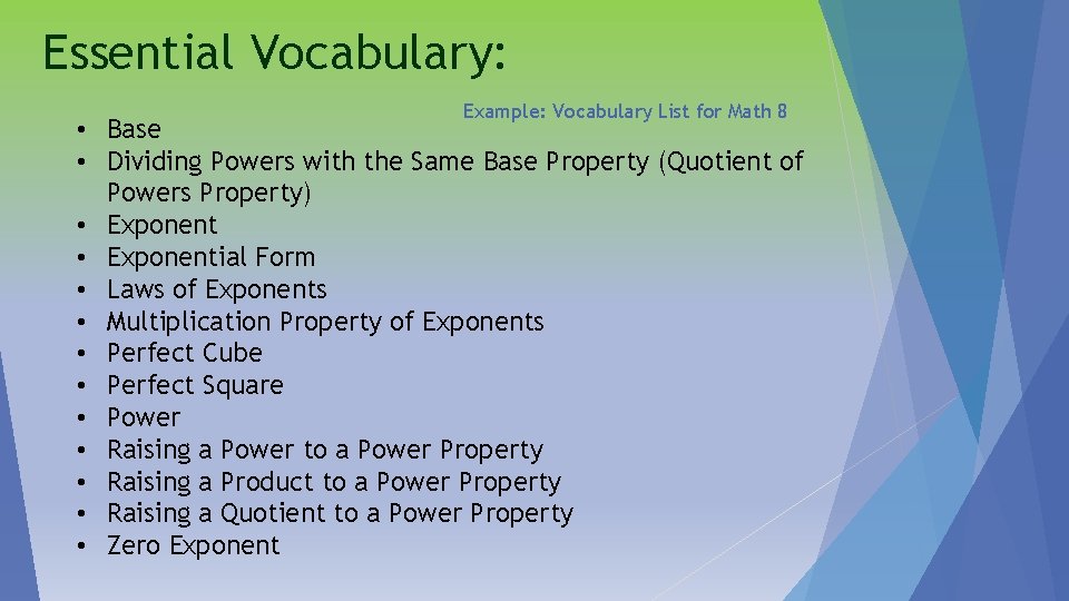 Essential Vocabulary: Example: Vocabulary List for Math 8 • Base • Dividing Powers with