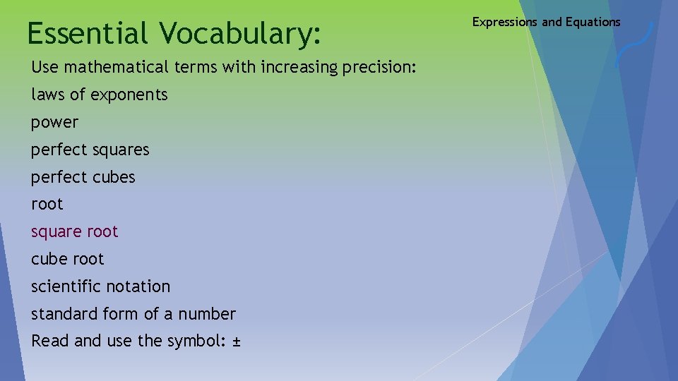 Essential Vocabulary: Use mathematical terms with increasing precision: laws of exponents power perfect squares