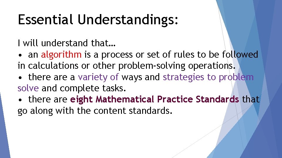 Essential Understandings: I will understand that… • an algorithm is a process or set