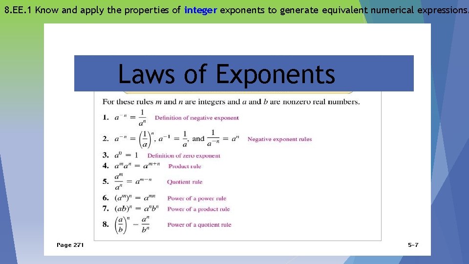 8. EE. 1 Know and apply the properties of integer exponents to generate equivalent