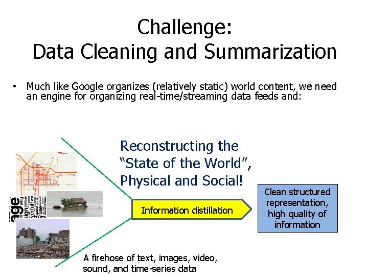 Challenge: Data Cleaning and Summarization • Much like Google organizes (relatively static) world content, Challenge: Data Cleaning and Summarization • Much like Google organizes (relatively static) world content,