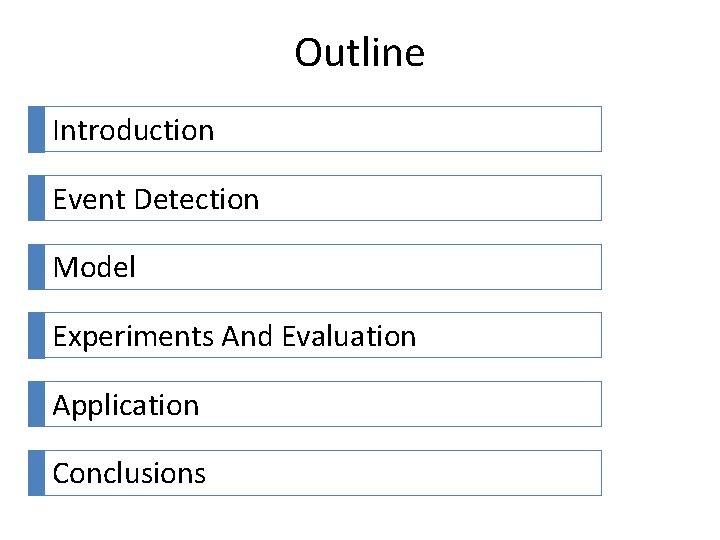 Outline Introduction Event Detection Model Experiments And Evaluation Application Conclusions Outline Introduction Event Detection Model Experiments And Evaluation Application Conclusions