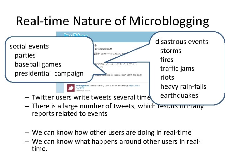 Real-time Nature of Microblogging disastrous events social events storms parties fires baseball games traffic Real-time Nature of Microblogging disastrous events social events storms parties fires baseball games traffic