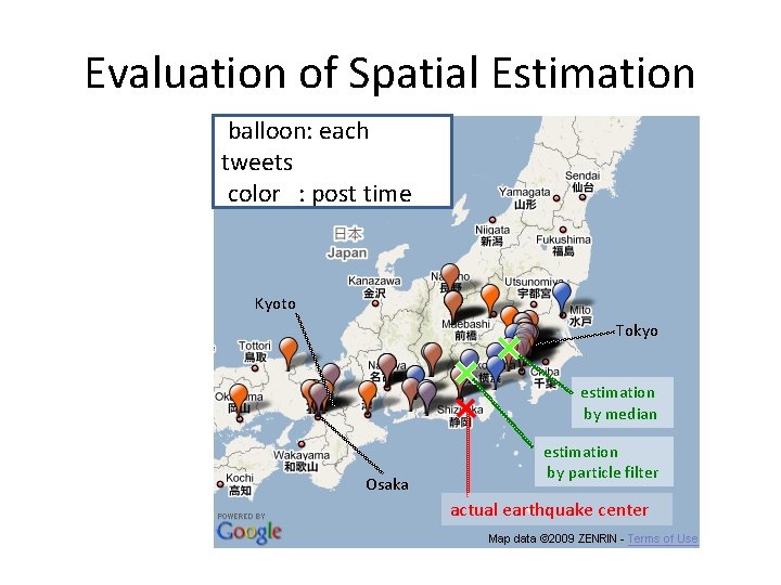 Evaluation of Spatial Estimation balloon: each tweets color : post time Kyoto Tokyo estimation Evaluation of Spatial Estimation balloon: each tweets color : post time Kyoto Tokyo estimation