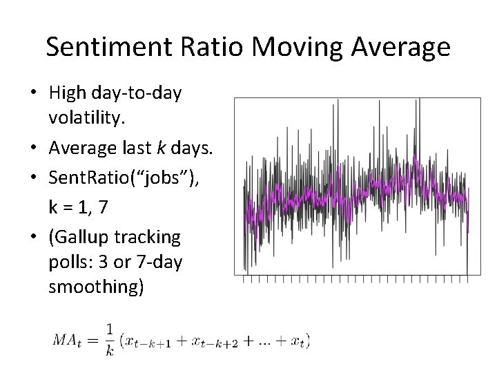 Sentiment Ratio Moving Average • High day-to-day volatility. • Average last k days. • Sentiment Ratio Moving Average • High day-to-day volatility. • Average last k days. •