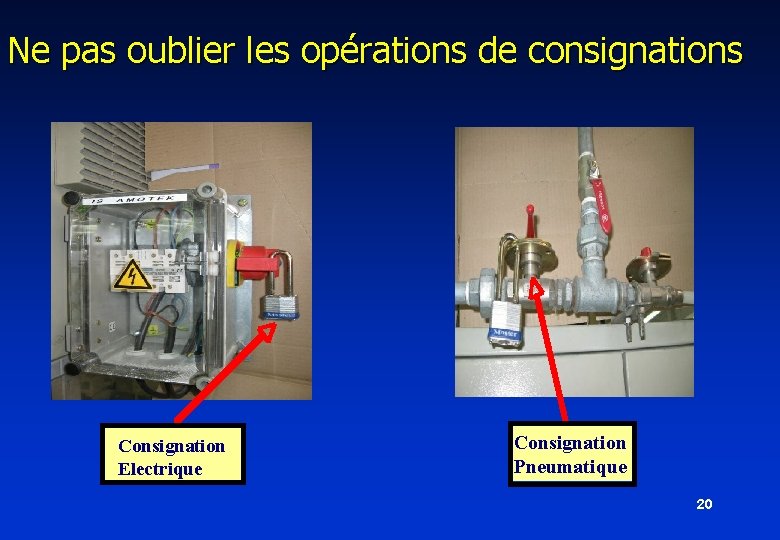 Ne pas oublier les opérations de consignations Consignation Electrique Consignation Pneumatique 20 Ne pas oublier les opérations de consignations Consignation Electrique Consignation Pneumatique 20