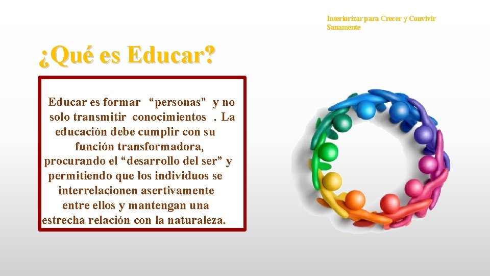 Interiorizar para Crecer y Convivir Sanamente ¿Qué es Educar? Educar es formar “personas” y