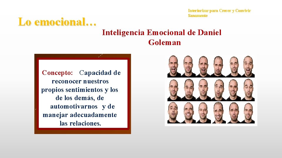 Lo emocional… Interiorizar para Crecer y Convivir Sanamente Inteligencia Emocional de Daniel Goleman Concepto: