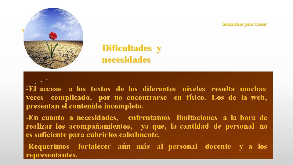 Interiorizar para Crecer y Convivir S anamente Dificultades y necesidades -El acceso a los