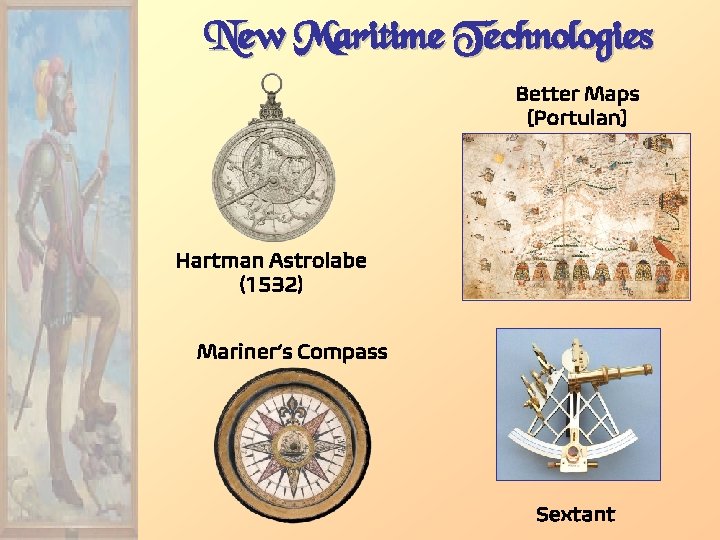 New Maritime Technologies Better Maps [Portulan] Hartman Astrolabe (1532) Mariner’s Compass Sextant 