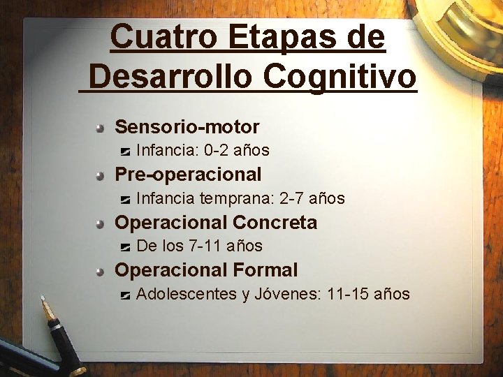 Cuatro Etapas de Desarrollo Cognitivo Sensorio-motor Infancia: 0 -2 años Pre-operacional Infancia temprana: 2