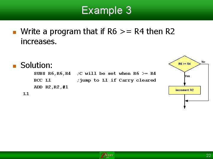 Example 3 n n Write a program that if R 6 >= R 4