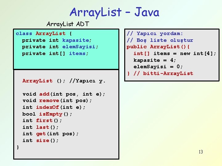 Array. List – Java Array. List ADT class Array. List { private int kapasite;