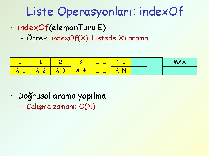 Liste Operasyonları: index. Of • index. Of(eleman. Türü E) – Örnek: index. Of(X): Listede