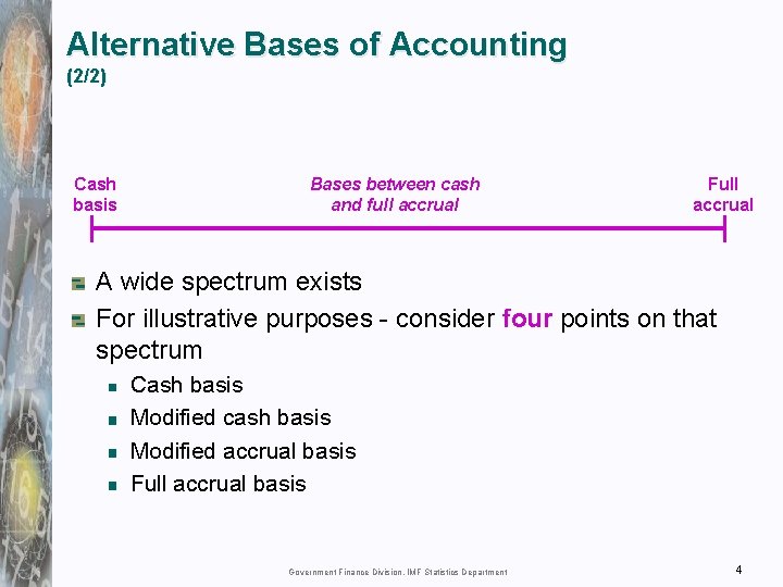 Alternative Bases of Accounting (2/2) Cash basis Bases between cash and full accrual Full