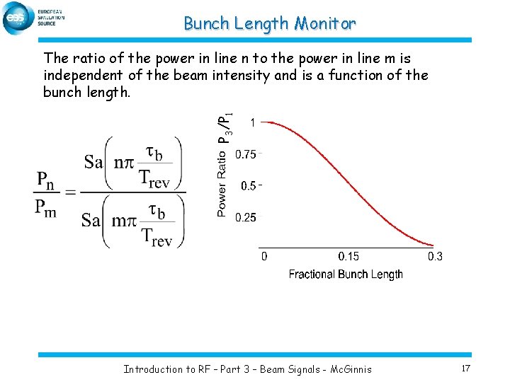 Bunch Length Monitor P 3/P 1 The ratio of the power in line n