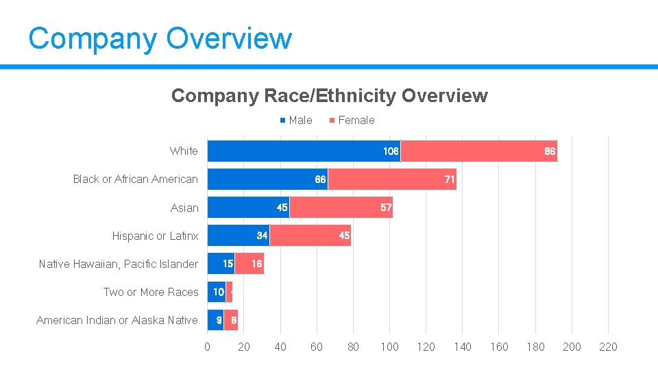 Company Overview Company Race/Ethnicity Overview Male Female White 106 Black or African American 66 Company Overview Company Race/Ethnicity Overview Male Female White 106 Black or African American 66